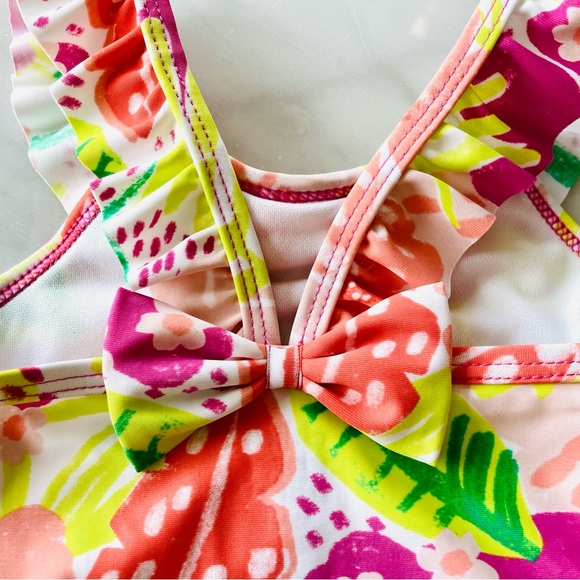 Carter’s•NWT•12m•1-Piece Floral Swimsuit•Ruffled Front+Straps~Bow•Diaper Snaps - Picture 5 of 12